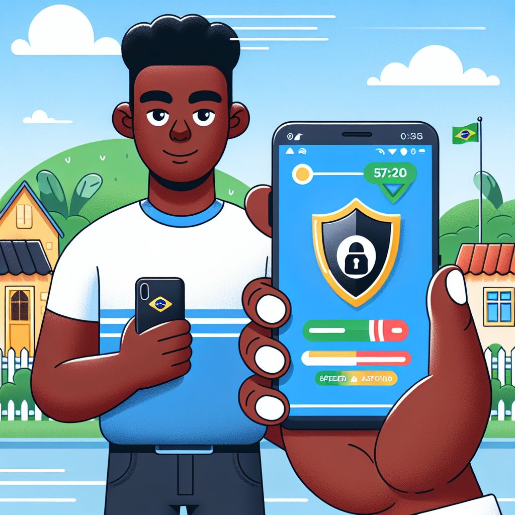 Cartoon character using a smartphone with SwanPG app interface and security shield icons