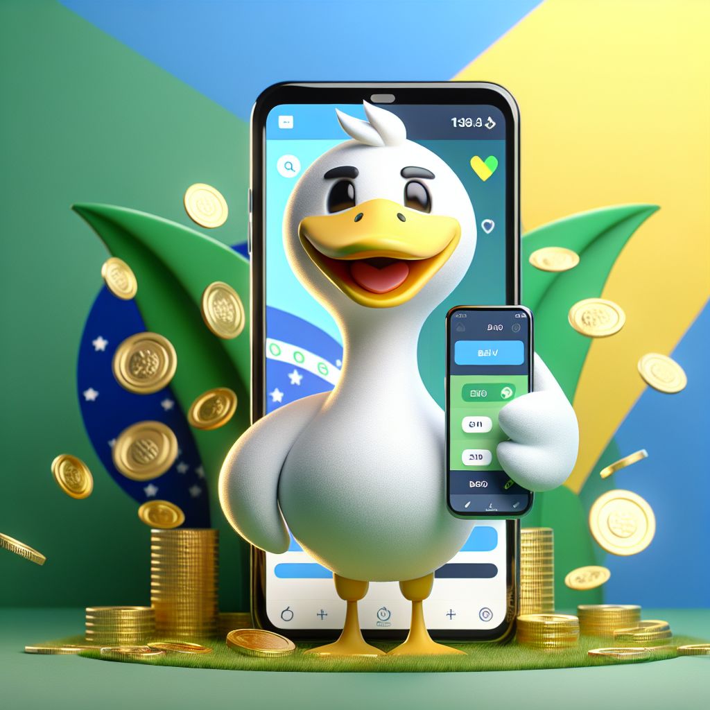 SwanPG themed cartoon character holding a betting slip and phone with coins in a Brazil-inspired setting