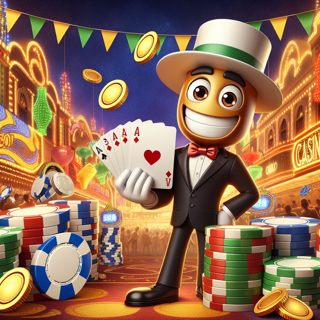 Personagem de desenho animado do SwanPG Casino com fichas, cartas e moedas em um clima de cassino brasileiro