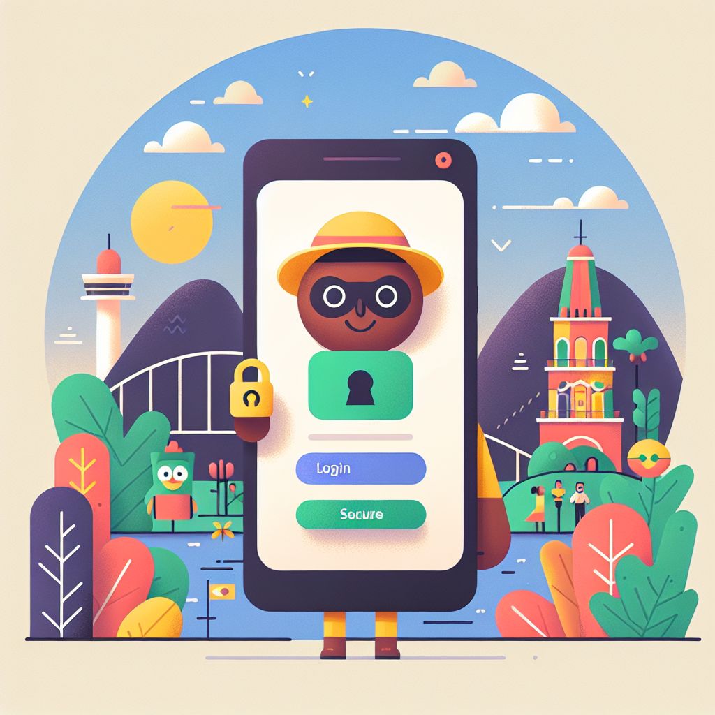 Cartoon character holding a phone with a secure login screen and SwanPG style elements
