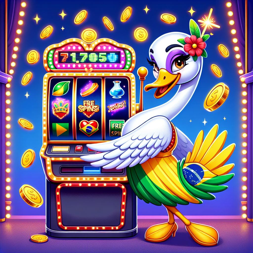Personagem de cisne em desenho animado girando uma máquina caça-níqueis com moedas e cores inspiradas no Brasil