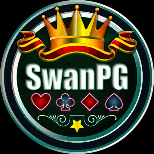 Personagens de desenho animado temáticos SwanPG com moedas, interface de cassino móvel e cena comemorativa de vitória